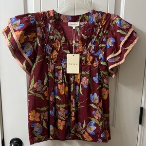 Entro Burgundy Floral Blouse with Ruffle Sleeves - Size S